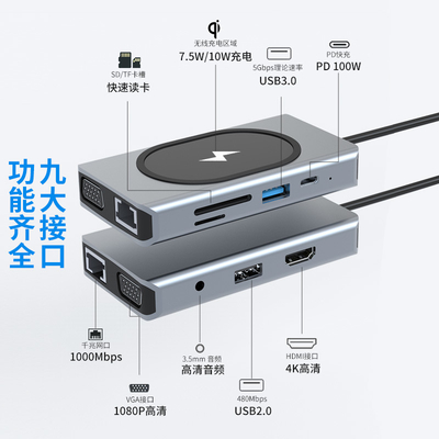 USB Type C HUB Multifunction Adapter 9 In One และมีเครื่องอ่านการ์ดความจํา
