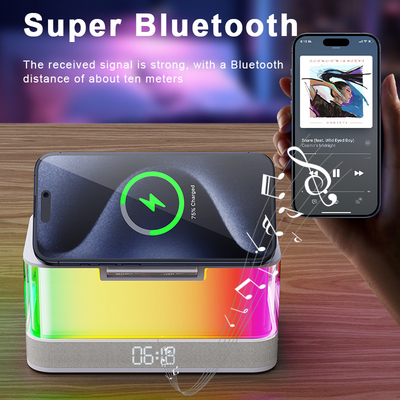 เครื่องชาร์จไร้สายที่ใช้ Qi และเครื่องเสียง Bluetooth ที่ใช้แสงสีสัน สอดคล้องกับอุปกรณ์ที่มี Qi