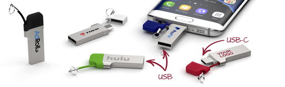แฟลชไดรฟ์ USB Type C พร้อม USB A พร้อมฝาปิดโซ่โลหะขนาดเล็กสามารถเลเซอร์และพิมพ์โลโก้ความเร็วที่รวดเร็ว 3.2 USB และ 3.1 USB